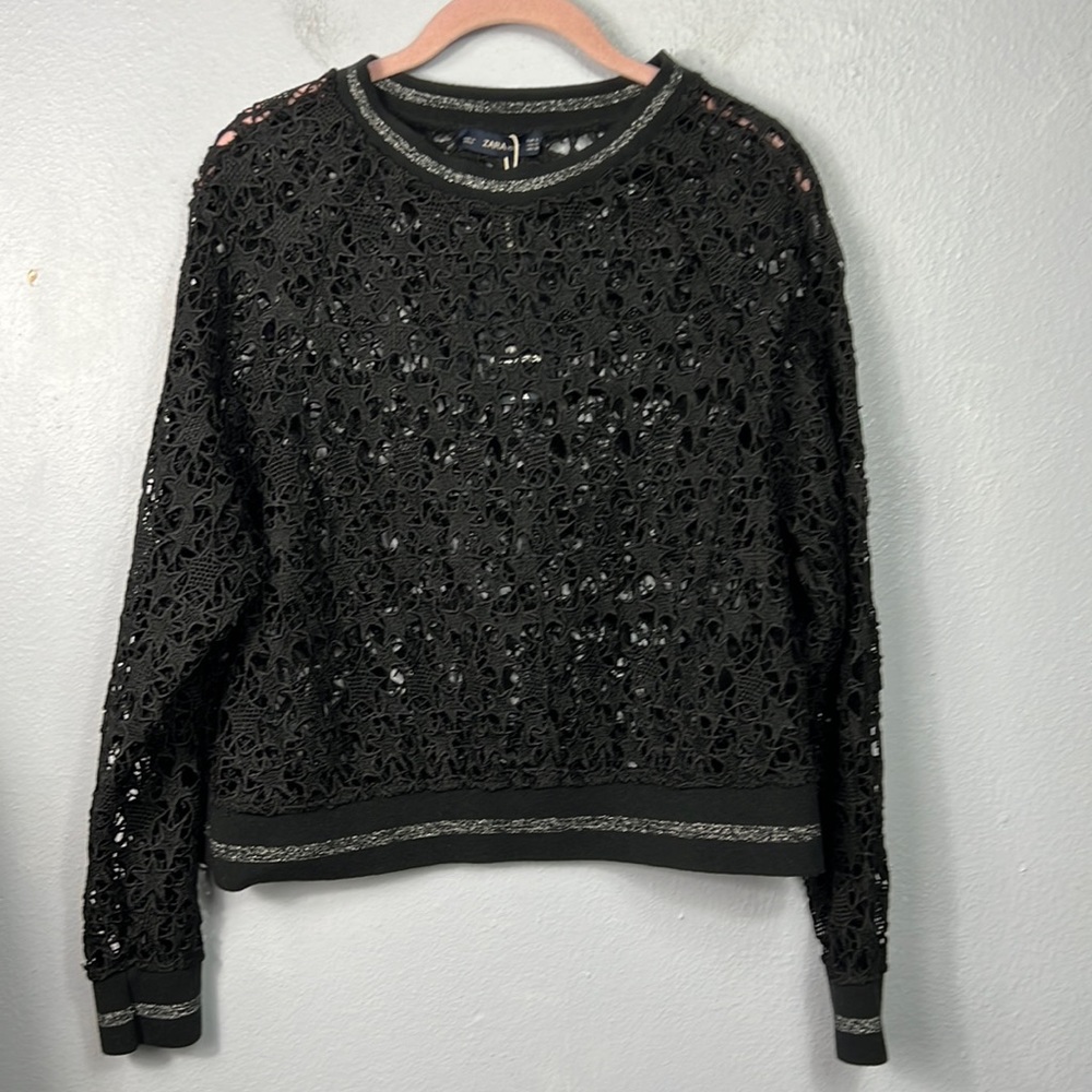 Zara Knit New with Tag Black Star Crochet Lace Long Sleeve Crop Top Small